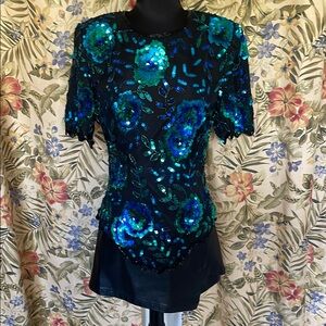 Vintage Laurence Kazar Sequin + Silk Floral Top